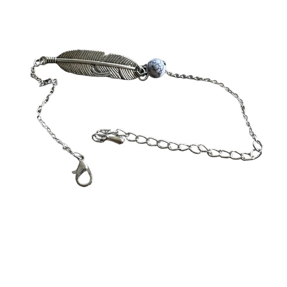Silver Feather Design Anklet with White Bead Accent - Picture 4 of 4